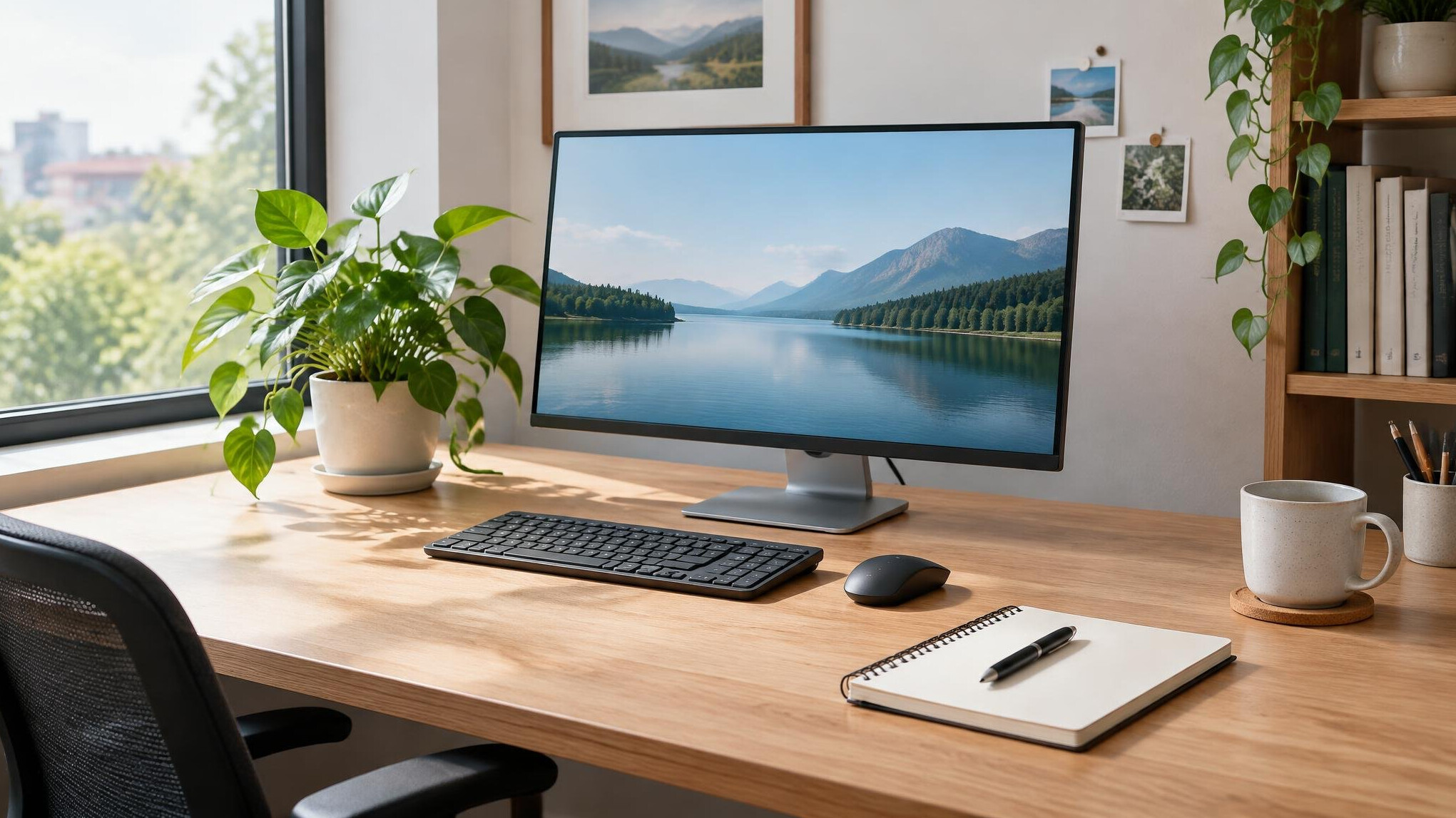 Creative workspace with desk and monitors