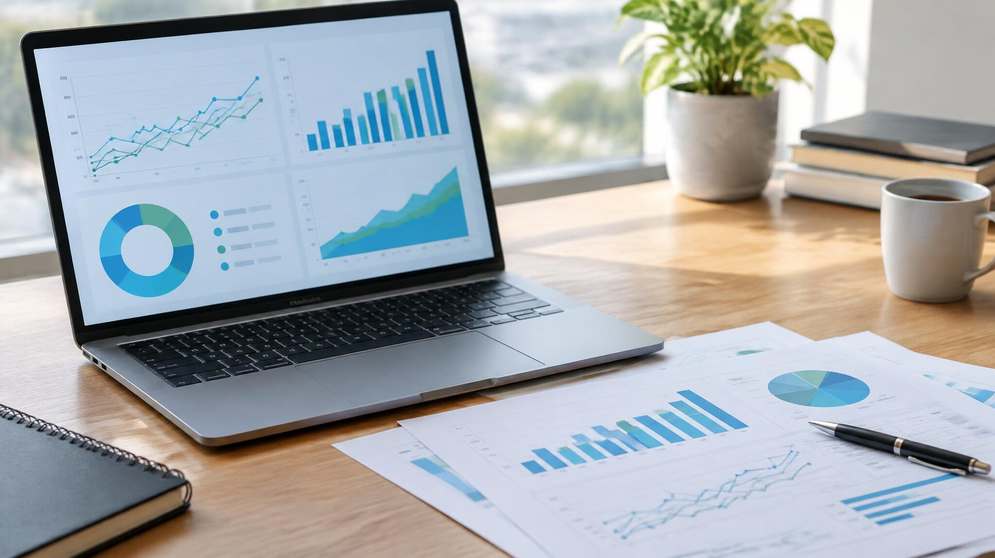 Laptop with charts and documents